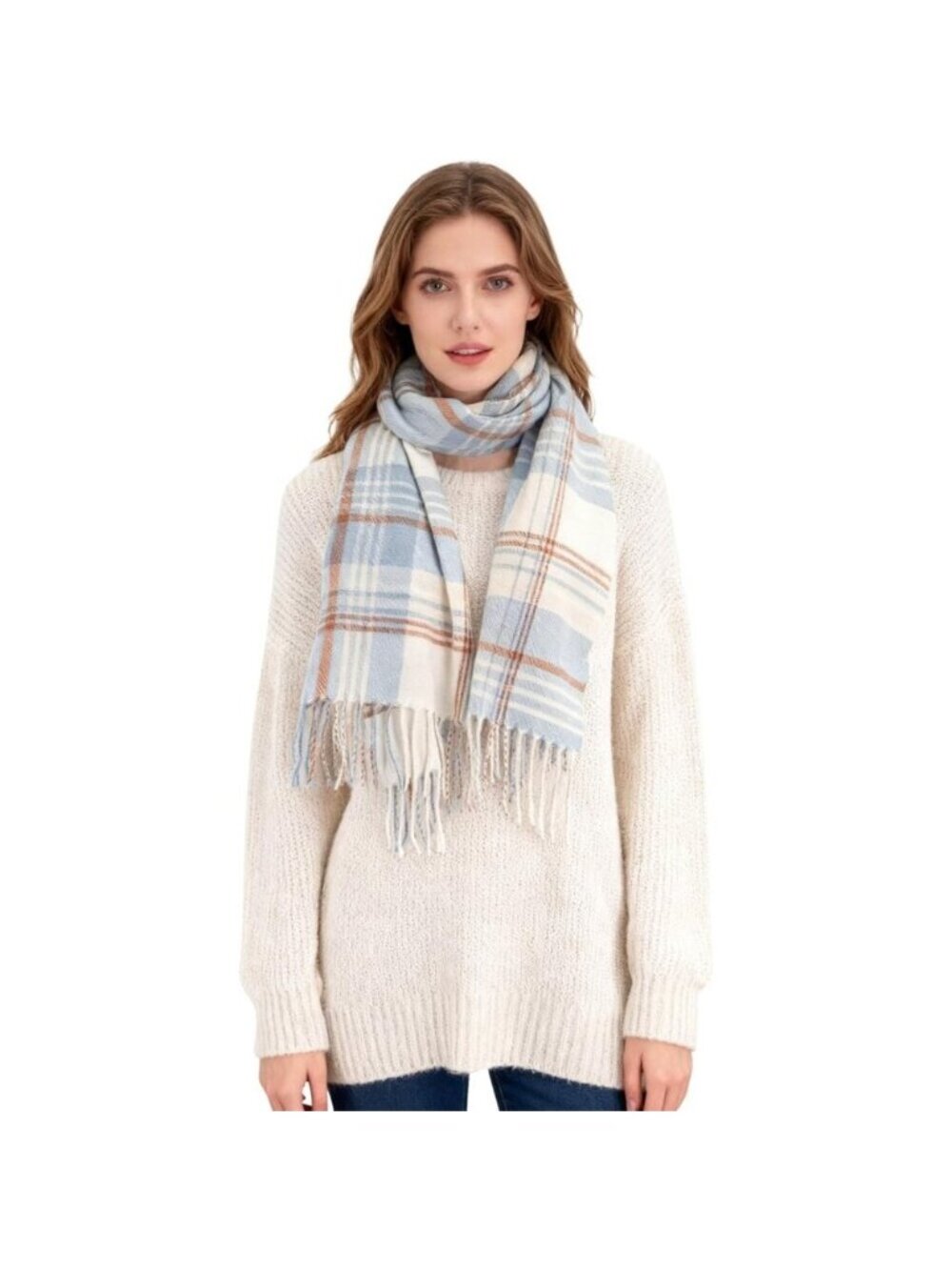 Women Cream Blue Check Winter Warm Shawl Wraps Tartan Blanket Oversized Scarves